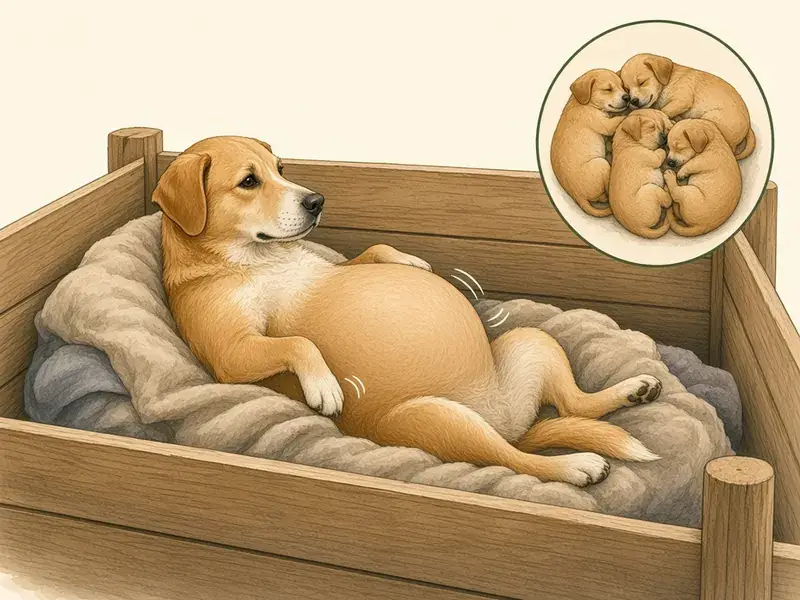Dog pregnancy week 8 โ puppies moving visibly; dog nesting in the whelping box