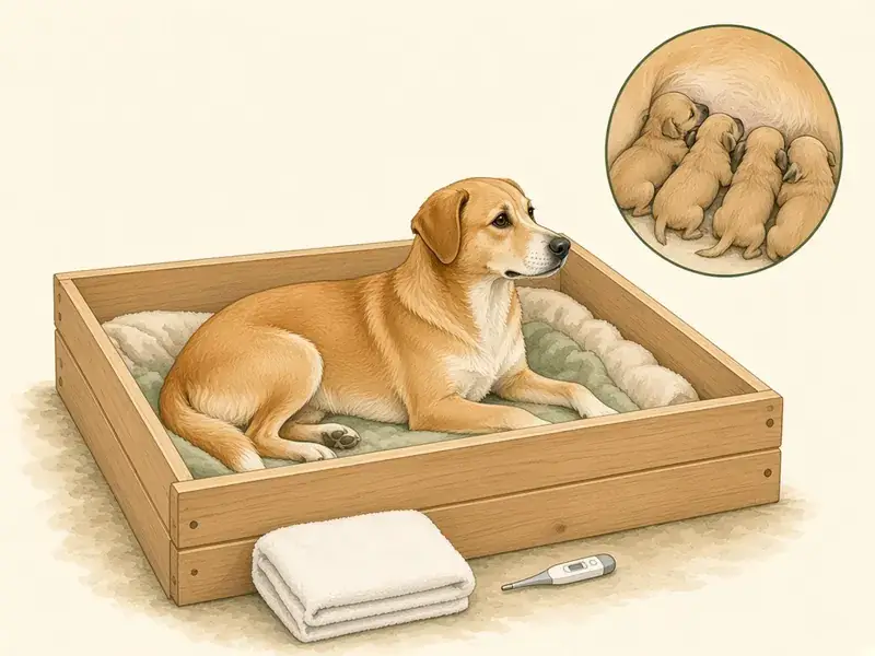 Dog pregnancy week 9 โ dog resting in the whelping box, ready to give birth