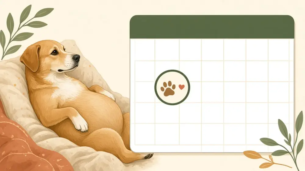Pregnant dog resting on a blanket beside a calendar โ dog gestation calculator