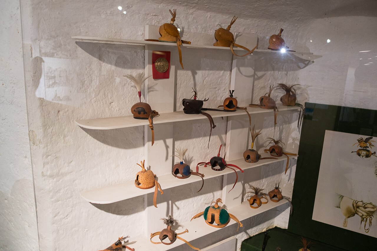 Collection of leather falconry hoods used to cover a bird of prey’s eyes